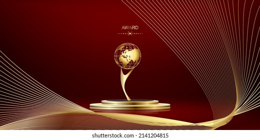 3D winner podium, red carpet party gold stars award concept. Banner Hollywood golden stars prize silhouette statue icon. Films and cinema symbol stock, Academy award vector isolated on red background