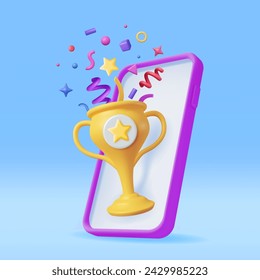 3D Winner Smartphone with Gold Trophy and Confetti. Render Phone with Golden Cup and Confetti. Award Victory, Goal, Champion Achievement, Prize, Sports Award, Success Concept. Vector Illustration