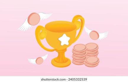 3D winners award minimal with golden cup and money coin, gold winners stars on podium background. 3d Award ceremony concept.3d goal for business, bank, finance, investment, money illustration.