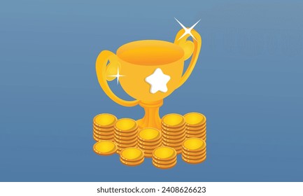 3D winners award minimal with golden cup and money coin, gold winners stars.3d goal for technology,online social media usage illustration.