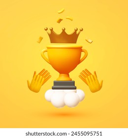 3D winners cup with crown and applauds. Trophy cup. Vector award nomination background