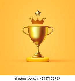 3D winners cup with crown. Trophy cup. Vector award nomination background