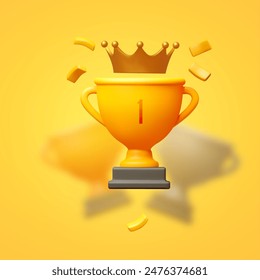 3D winners cup with crown. Trophy cup. Vector award nomination background