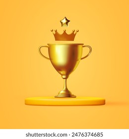 3D winners cup with crown. Trophy cup. Vector award nomination background