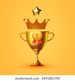 3D winners cup with crown. Trophy cup. Vector award nomination background