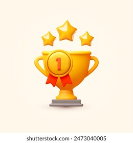 3D winners cup with medal and stars Trophy cup. Vector award nomination background