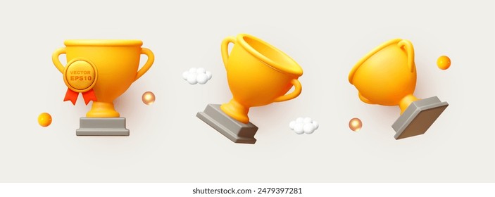 3D winners cup set. Trophy cup. Vector award nomination background