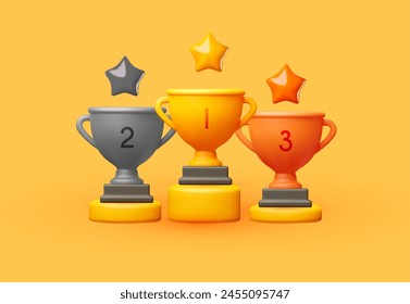 3D winners cup. Trophy cup. Gold, silver and copper. Vector award nomination background