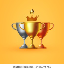 3D winners cup. Trophy cup. Gold, silver and copper. Vector award nomination background