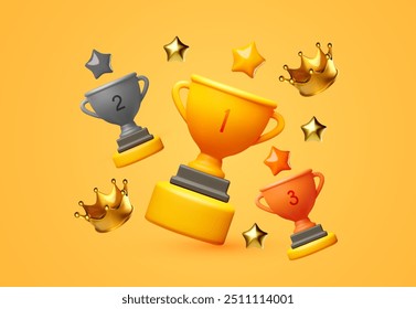 3D winners cup. Trophy cup. Gold, silver and copper. Vector award nomination background