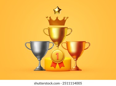 3D winners cup. Trophy cup. Gold, silver and copper. Vector award nomination background