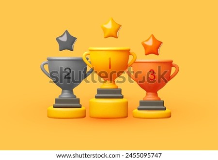 3D winners cup. Trophy cup. Gold, silver and copper. Vector award nomination background