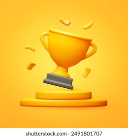 3D winners cup. Trophy cup with round podium. Vector award nomination background
