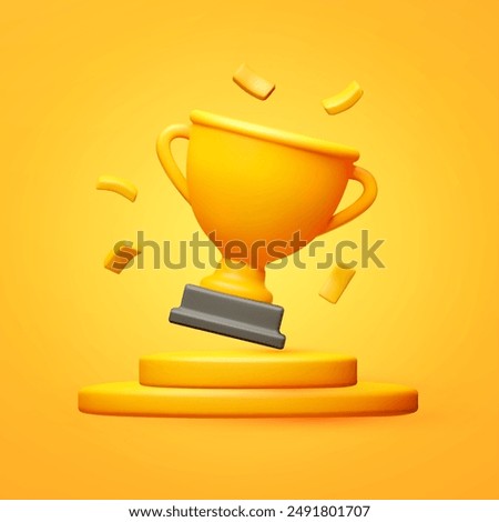 3D winners cup. Trophy cup with round podium. Vector award nomination background