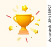 3D winners cup. Trophy cup. Vector award nomination background with achieve stars