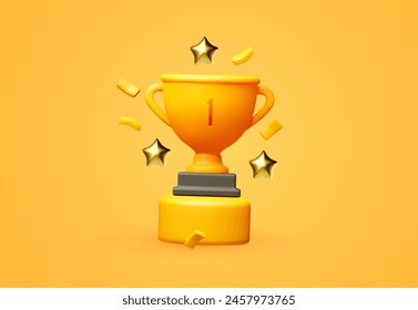 3D winners cup. Trophy cup. Vector award nomination background.