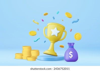 3D Gewinner Goldener Cup und Geld Münze und Tasche, Gold Gewinner Sterne auf Podium Hintergrund. Preisverleihungskonzept auf Sockel mit Cartoon-Stil. 3D-Rendering Vektorgrafik