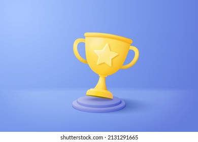 3d winners minimal with golden cup, gold winners stars on podium background. Award ceremony concept on pedestal with cartoon style. 3d vector render isolated on blue pastel background