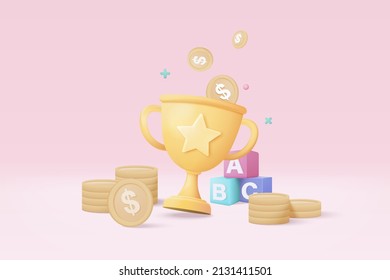 3d winners minimal with golden cup and money coin, gold winners stars on podium background. Award ceremony concept on pedestal with cartoon style. 3d vector render isolated on pastel background