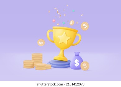 3d winners minimal with golden cup and money coin and bag, gold winner stars on podium background. Award ceremony concept on pedestal with cartoon style. 3d vector render isolated on pastel background