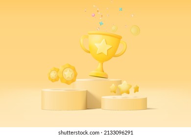 3d winners minimal with golden cup, gold winners stars on podium background. Award ceremony first and second and third concept on podium. 3d vector render isolated on blue pastel background