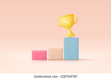 3D-Gewinner minimal mit goldenem Becher, goldene Gewinner Sterne auf Podiumhintergrund. Preisverleihungskonzept auf dem Podest mit Cartoon-Stil. 3D-Vektorgrafik einzeln auf pastellfarbenem Hintergrund