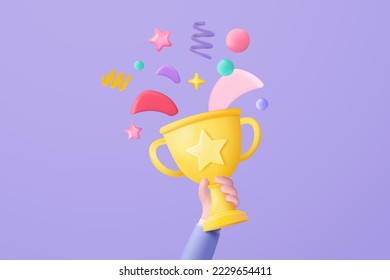 3d winners minimal with golden cup, gold winners stars with objects floating around on gold background. Award ceremony concept with cartoon style. 3d vector render isolated on purple pastel background