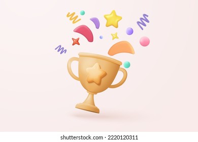 3d winners with prize golden cup, gold winners stars with objects floating around on gold background. Award ceremony 3d concept. 3d win with prize icon vector render isolated on pink background