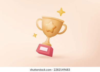 3d winners prize with golden cup, gold winners stars for rewards ceremony. 3d Award ceremony first and second and third concept on awards podium. 3d trophy icon vector render isolated on background