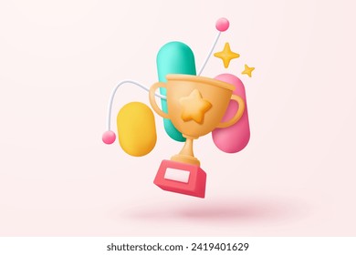 3d winners prize with golden cup, gold winners stars for rewards ceremony. Award ceremony first and second and third concept on podium. 3d trophy icon vector render isolated on pastel background