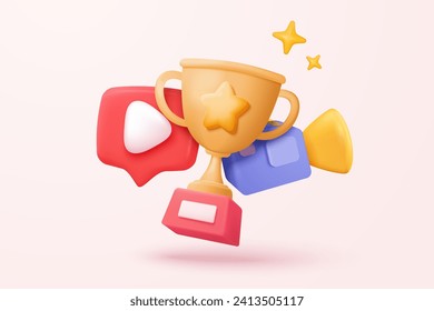 3d winners prize with social media play video, gold winners stars for rewards ceremony. Award ceremony and red round play button for start multimedia. 3d trophy icon vector render vector illustration