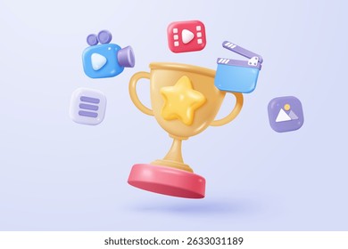 3d winners prize with social media play video, gold winners stars for rewards ceremony. Award ceremony and red round play button for start multimedia. 3d trophy icon vector render vector illustration