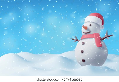 3D Winter Christmas Background. Snowman and Snow. Render Winter Landscape with Snowing. Happy New Year Celebration. New Year Xmas Holiday. Realistic Vector Illustration