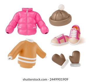 Conjunto de ropa de invierno 3d Concepto Estilo de diseño de dibujos animados Incluye zapatos de par, sombrero, suéter de punto y chaqueta de plumón. Ilustración vectorial