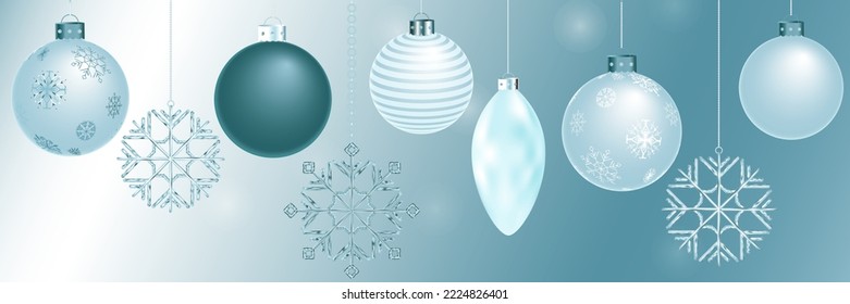 Ilustración vectorial de vacaciones de invierno 3d con bolas, copos de nieve y gradientes. La decoración festiva en colores azul claro y blanco es perfecta para tarjetas de felicitación, decoración de regalos, impresiones