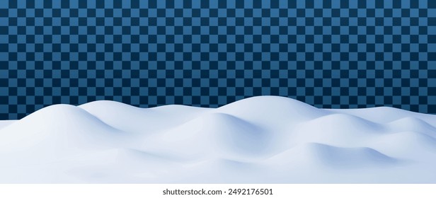 Paisaje de invierno 3D con Snowdrifts aislado. Representar Navidades de nieve deriva sobre fondo transparente. Campo de nieve de invierno, montículo de nieve, capa de hielo. Ilustración vectorial realista