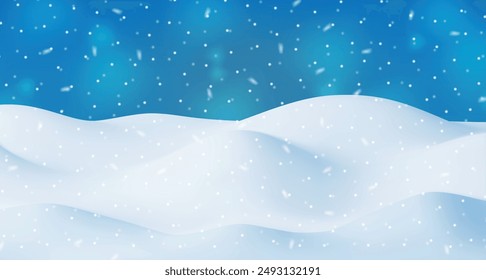 3D Winter Landscape with Snowdrifts and Snow. Render Christmas Snow Drifts on Blue Sky Background. Winter Snow Ground, Snowdrift Mound, Ice layer. Realistic Vector Illustration