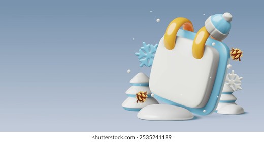 Fondo de calendario de invierno 3d con pinos nevados y espacio vacío para fecha y texto. Lindo diseño de Anuncio tridimensional mínimo. Ilustración vectorial.