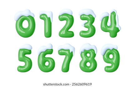 3d winter number from 1 to 10 isolated. Green balloon number under snow cap. Winter decoration element for holiday design, Christmas, New Year card. Cartoon vector illustration