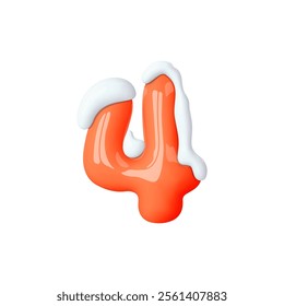 3d winter number 4 isolated. Red balloon number under snow cap. Winter decoration element for holiday design, Christmas, New Year card. Cartoon vector illustration