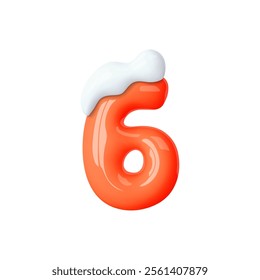 3d winter number 6 isolated. Red balloon number under snow cap. Winter decoration element for holiday design, Christmas, New Year card. Cartoon vector illustration