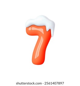 3d winter number 7 isolated. Red balloon number under snow cap. Winter decoration element for holiday design, Christmas, New Year card. Cartoon vector illustration