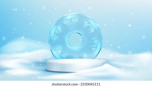 3d winter podium with snow and ice on background. White display platform on floor for cosmetic product. Snowy New Year render with pedestal. Abstract advertising showcase for december studio