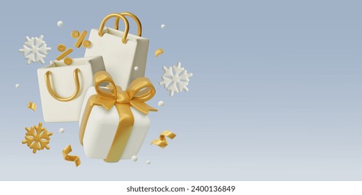 3D winter sale banner. Discount background with copy space. Three dimensional vector objects composition. Shopping bags, gift box, percent sign and sn