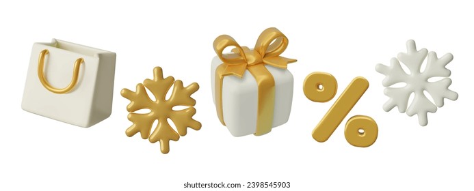 3D winter sale icons set. Shopping bag, gift box, percentage and snowflakes. White and gold luxury glossy plastic toy style three dimensional vector design elements for discount and special offer.