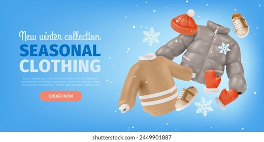 3d Winter Seasonal Clothing Collection Ads Banner Concept Poster Card. Vector illustration of Floating Pair Shoes and Sweater