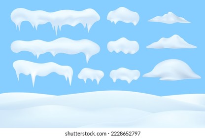 3d Winter snow, Christmas, snow texture, white elements, holiday snow decorations. Vector collection of snow caps, heap, icicles on blue sky background, ice, snowball and snowdrift.