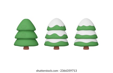 3d winter trees set. Christmas tree with snow. Green elements, isolated objects. Vector illustration in cartoon style. Icon render.