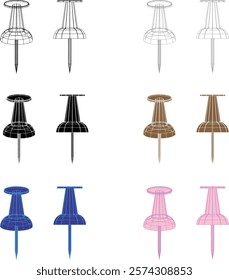 3D wire frame of push pin seen from the side, colors are black, brown, blue and pink