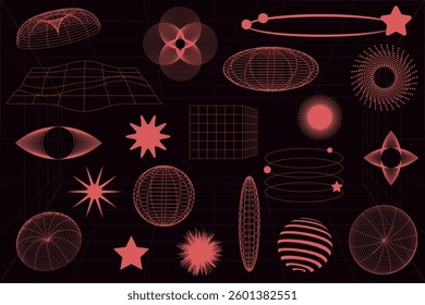 3D wireframe 00s style. 3D Wireframe Y2K. Retro cyberpunk style.Set of retro-futuristic elements